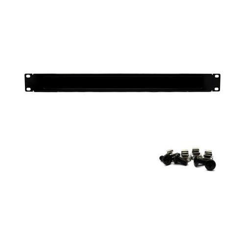 Black metal rack accessory brush panel with a sleek design, featuring a long rectangular shape and included mounting hardware for easy installation.