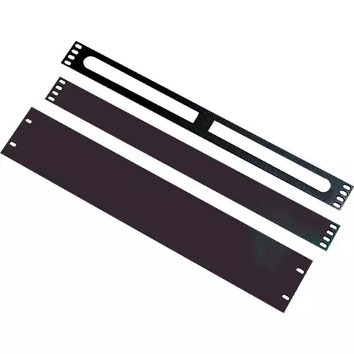 Black metal blank panel set for rack accessories, featuring three pieces with various cutouts and mounting holes for easy installation.