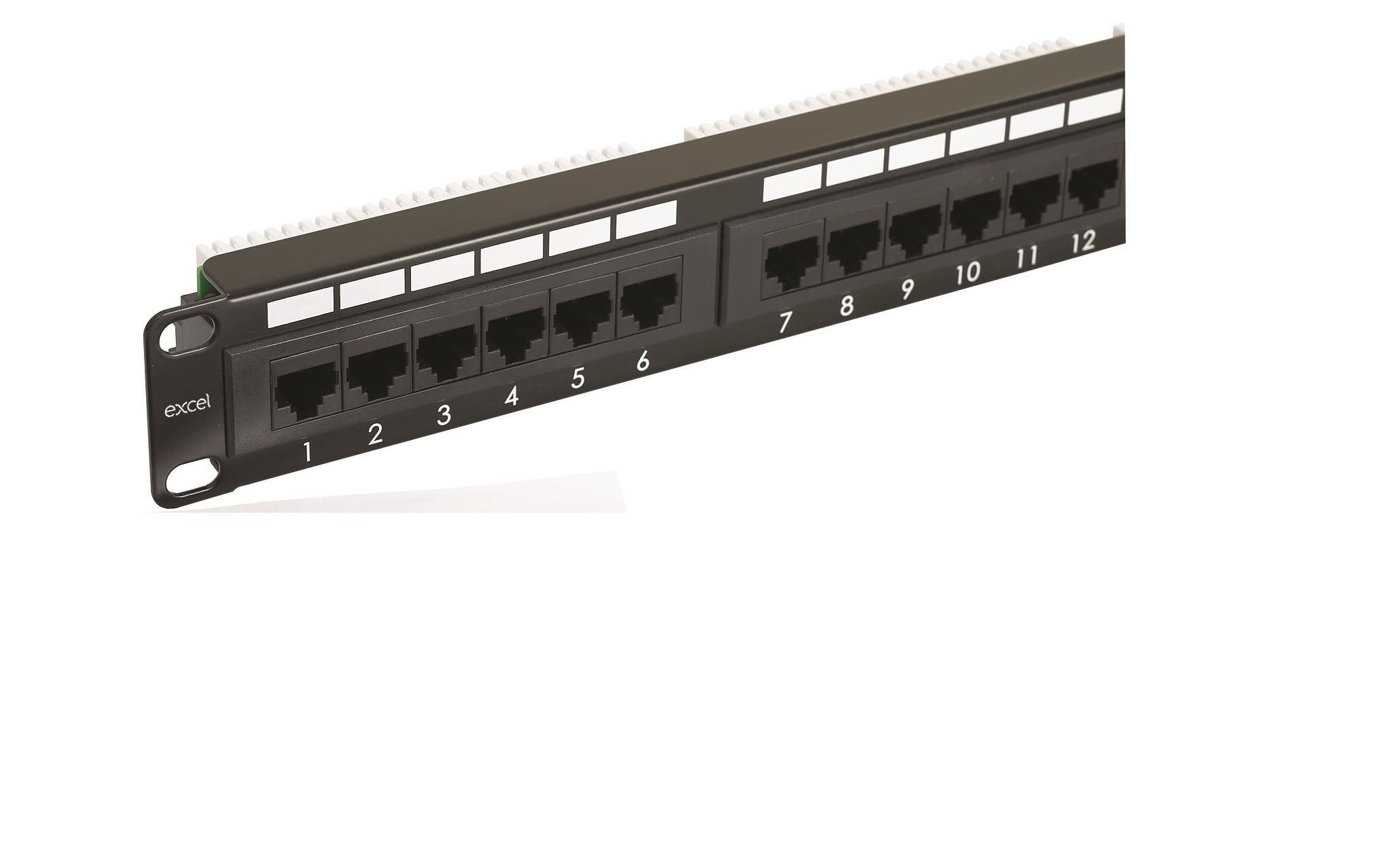 Black cable management panel with 12 Ethernet ports, labeled 1 to 12, featuring a sturdy metal construction and a sleek design for organized network connections.