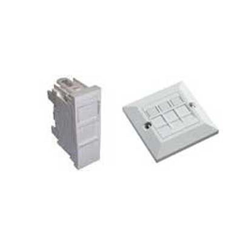 White low-profile RJ45 CAT.5e module with a slim design, featuring a textured surface and multiple connection ports for network cabling.
