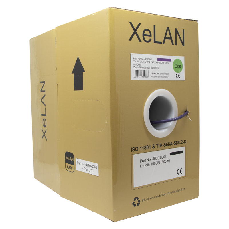 Yellow cardboard box containing EXCEL XELAN CAT.6 UTP solid installation cable, marked LSZH/Cca, with a visible purple cable end and specifications printed on the side.