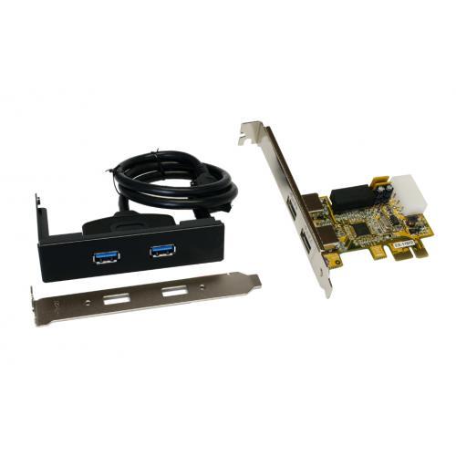 Internal USB 3.2 Gen 1 interface card with a black bracket, two blue USB ports, a connecting cable, and a metal backplate, featuring a green and yellow circuit board.