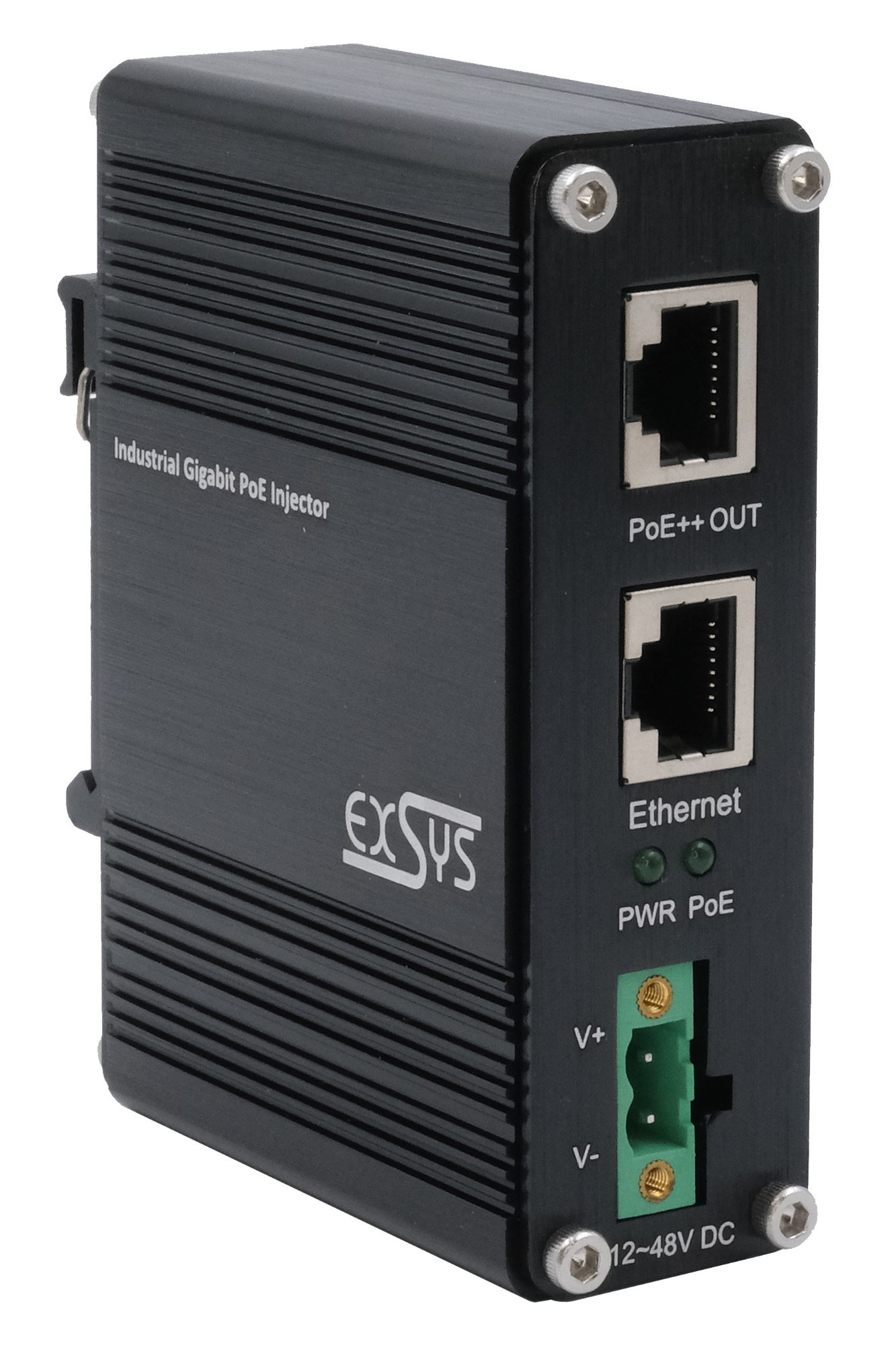 EXSYS PoE++ Gigabit Injector in black metal casing, featuring two Ethernet ports, labeled PoE++ OUT and Ethernet, with a green terminal block for power input.