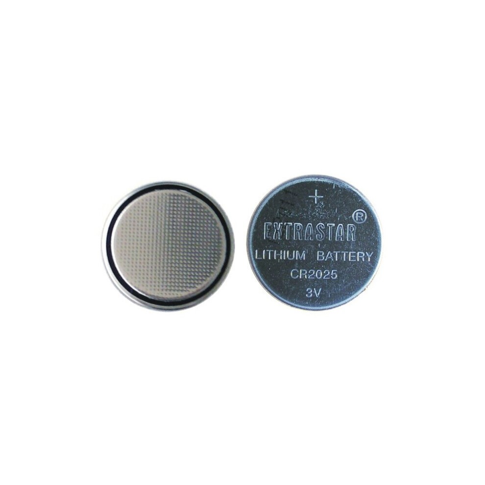 Two round, silver lithium batteries labeled "EXTRASTAR" with a textured surface on one side and a flat side displaying "CR2025 3V" on the other, packaged together.
