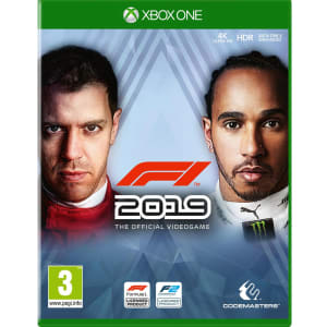 F1 2019 video game cover featuring two drivers, one in a red racing suit and the other in a black outfit, with the title prominently displayed in bold red and white text.
