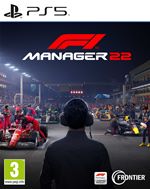F1 Manager 2022 for PS5 features a dark background with racing cars and pit crews, showcasing vibrant team colors, and includes the game title prominently in red and white.