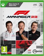 F1 Manager 2023 for Xbox Series X features a green case with a sleek design, showcasing three team principals and racing imagery, highlighting its motorsport theme.
