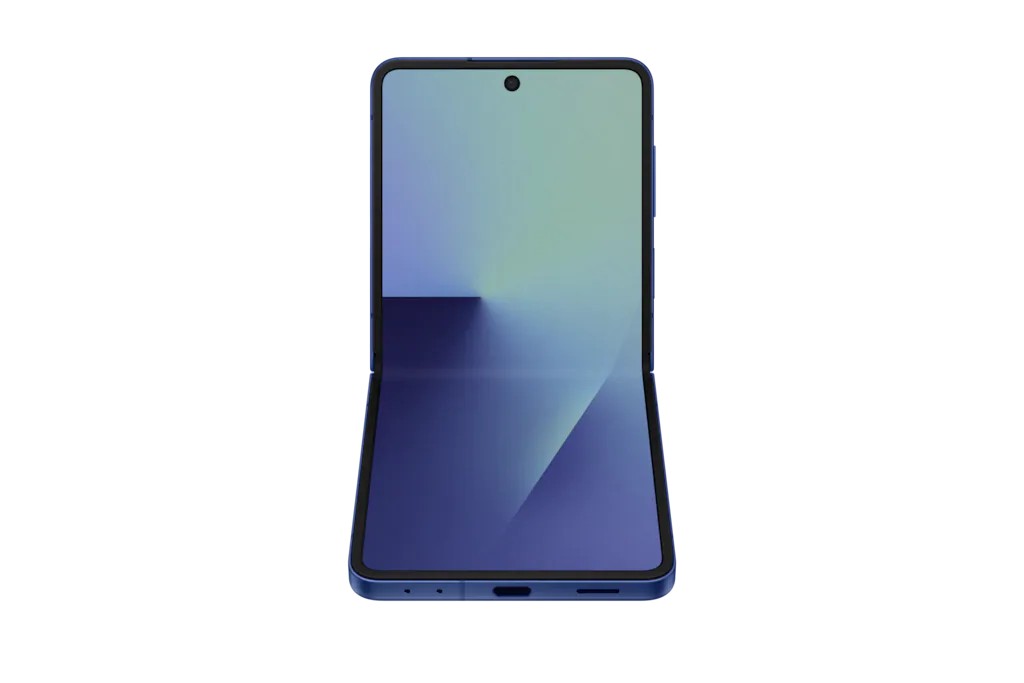 Samsung F766b Z Flip 7 5G in Blue Shadow, featuring a sleek foldable design, 12GB RAM, 256GB storage, and a vibrant display with a centered front camera.