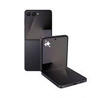 Samsung Galaxy Z Flip7 smartphone in jet black, featuring a sleek foldable design, dual rear cameras, and a vibrant display when opened.