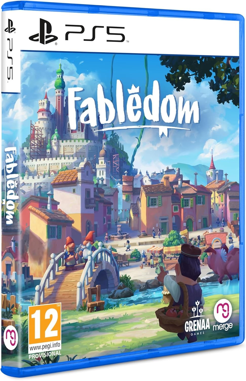 Fabledom for PS5 features a colorful cover with a whimsical town scene, showcasing vibrant buildings, a castle, and characters, all in a playful, animated art style.