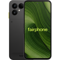 Fairphone Gen 6 Horizon Black smartphone, dual camera, 6.31-inch display, green swirl wallpaper, 256GB, 5G unlocked.