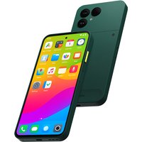 Fairphone Gen 6 smartphone, green, 6.31-inch display, dual rear cameras, USB Type-C, colorful app icons on screen.