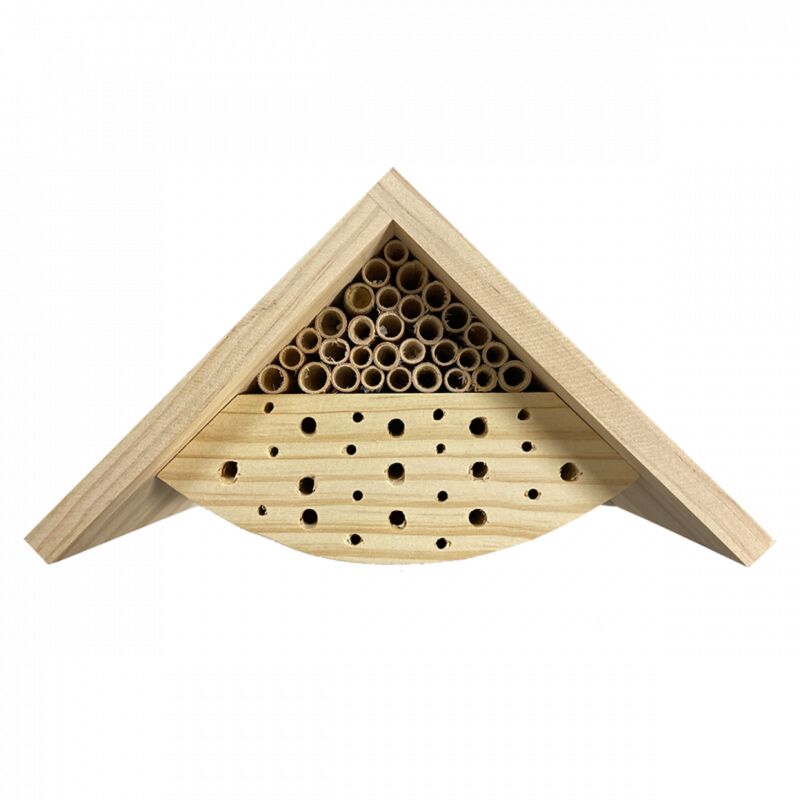 Wooden insect hotel with a triangular roof, featuring hollow tubes and drilled holes for wildlife, designed for butterflies and other beneficial insects.