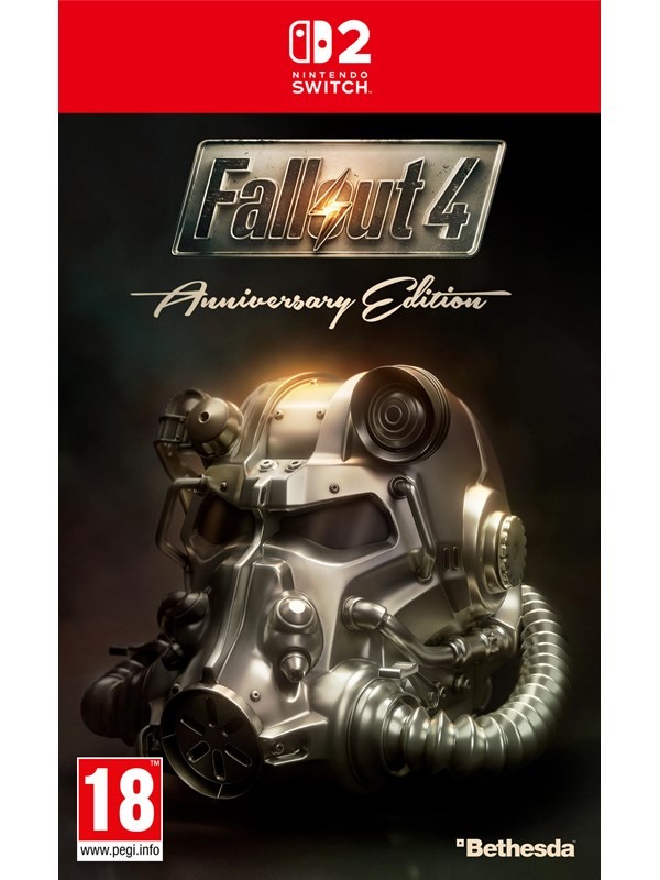 Fallout 4: Anniversary Edition for Nintendo Switch features a sleek cover with a metallic power armor helmet, dark background, and bold title logo, marked with an age rating of 18.