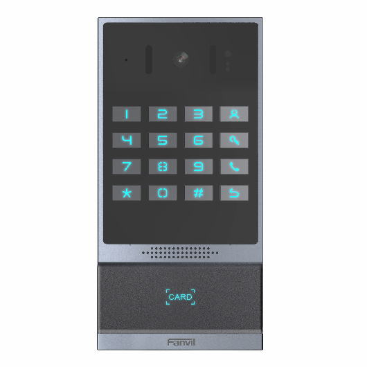 Sleek aluminium intercom with a 2 MP camera, illuminated keypad featuring numbers 0-9 and symbols, and a card reader at the bottom, all in a modern design.