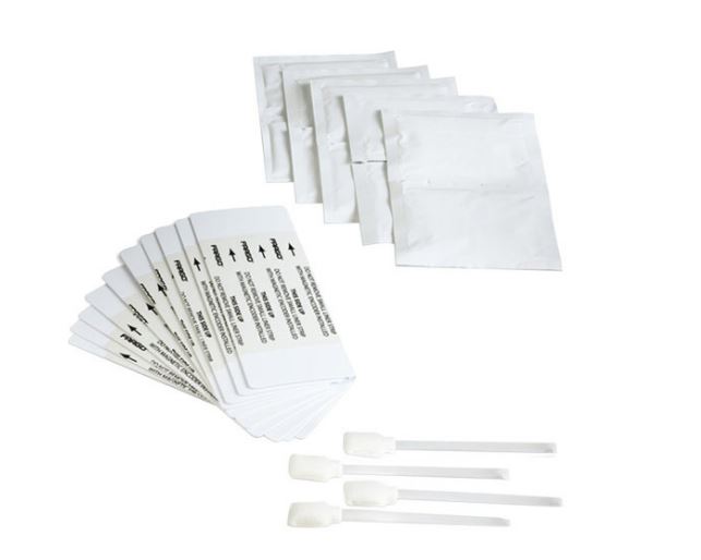 Fargo 088933 Printer Cleaning Sheets in white packaging, featuring multiple individual cleaning sheets and applicators for maintaining printer performance.
