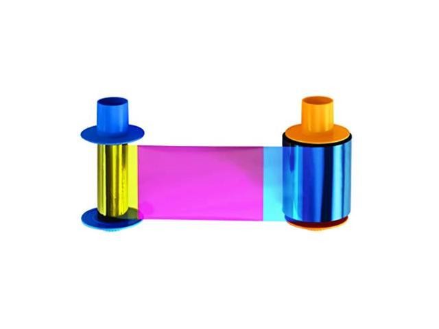 Fargo 045610 ribbon for DTC1500 featuring vibrant colors: blue, orange, and a central magenta section, mounted on spools for easy installation.