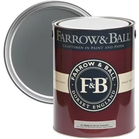 Farrow & Ball Down Pipe No. 26, dark gray exterior masonry paint in a maroon can with open lid.
