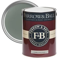 Farrow & Ball Exterior Masonry Paint, Green Smoke No. 47, in a maroon can with a silver lid and F&B logo.