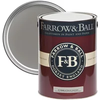 Farrow & Ball Exterior Masonry Paint, Mole's Breath No. 276, dark gray, in a maroon and cream 5-liter can.
