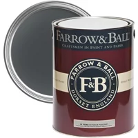 Farrow & Ball Exterior Masonry Paint, Railings No. 31, dark gray, in a maroon and black can with lid open.
