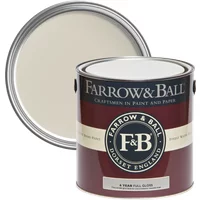 Farrow & Ball Full Gloss paint can, 2.5L, Shaded White No. 201, with maroon label and open lid showing light cream paint.