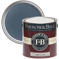 Farrow & Ball Full Gloss paint can, Stiffkey Blue No. 281, 2.5L, with open lid showing deep blue color.