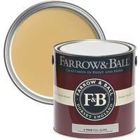 Farrow & Ball Full Gloss paint can, Sudbury Yellow No. 51, 2.5L, with open lid showing yellow paint inside.