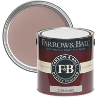 Farrow & Ball Full Gloss paint can, 2.5L, Sulking Room Pink No. 295, with open lid showing muted pink color.