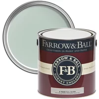 Farrow & Ball Full Gloss paint can, Teresa's Green No. 236, 2.5L, with open lid showing pale green color.