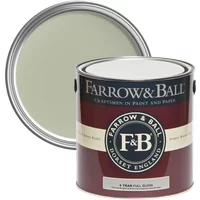 Farrow & Ball Full Gloss paint can, Vert de Terre No. 234, 2.5L, with greenish lid, for wood and metalwork.