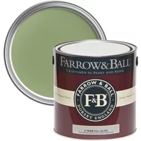 Farrow & Ball Full Gloss paint can, 2.5L, Yeabridge Green No. 287, with green paint lid beside it.