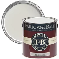 Farrow & Ball Full Gloss paint can, Ammonite No. 274, maroon label, open lid showing light gray paint.