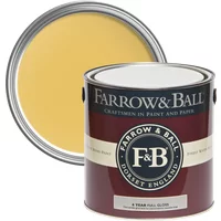 Farrow & Ball Full Gloss paint can, Babouche No. 223, with yellow lid, maroon label, for wood and metalwork.