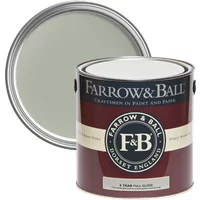 Farrow & Ball Full Gloss paint can, Blue Gray No. 91, maroon label, lid open showing muted blue-gray color.