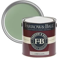 Farrow & Ball Full Gloss paint can, Breakfast Room Green No. 81, with green paint swatch, for wood and metalwork.