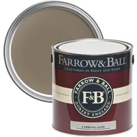 Farrow & Ball Full Gloss paint can, Broccoli Brown No. 198, maroon label, open lid showing brown paint.