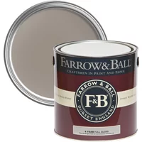 Farrow & Ball Full Gloss paint can, Charleston Gray No. 243, with open lid showing gray color, for wood and metalwork.