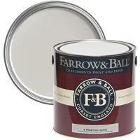 Farrow & Ball Full Gloss paint can, Cornforth White No. 228, burgundy label, open lid showing light gray paint.