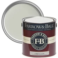 Farrow & Ball Full Gloss paint can, Cromarty No. 285, maroon label, open lid showing pale green paint.