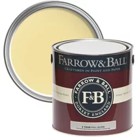 "Farrow & Ball Full Gloss paint can, Dayroom Yellow No. 233, with open lid showing light yellow paint inside"
