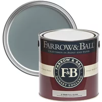 Farrow & Ball Full Gloss paint can, De Nimes No. 299, blue-gray color, for wood and metalwork.
