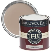 Farrow & Ball Full Gloss paint can, Dead Salmon No. 28, with open lid showing muted pinkish-brown color.