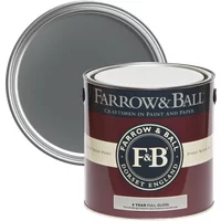 Farrow & Ball Full Gloss paint can, Down Pipe No. 26, dark gray color, for wood and metalwork, maroon label.