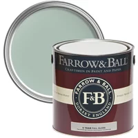 Farrow & Ball Full Gloss paint can, Green Blue No. 84, with open lid showing light green color.
