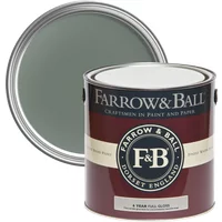 Farrow & Ball Full Gloss paint can, Green Smoke No. 47, dark green color, for wood and metalwork.