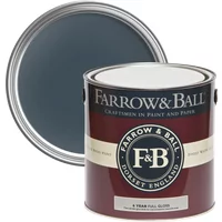 Farrow & Ball Full Gloss paint can, Hague Blue No. 30, with dark blue lid, suitable for wood and metalwork.