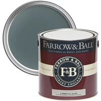 Farrow & Ball Full Gloss paint can, Inchyra Blue No. 289, with open lid showing dark blue color.