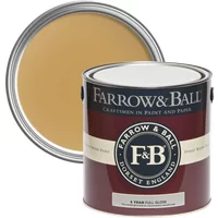 Farrow & Ball Full Gloss paint can, India Yellow No. 66, with open lid showing mustard yellow color.