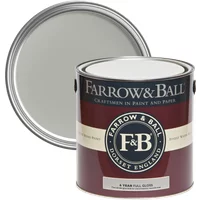 Farrow & Ball Full Gloss paint can, Lamp Room Gray No. 88, with open lid showing gray color, for wood and metalwork.